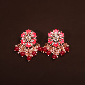 Gorgerous Pink Floral Earring With Hanging Pearls and Beads Earring For Women