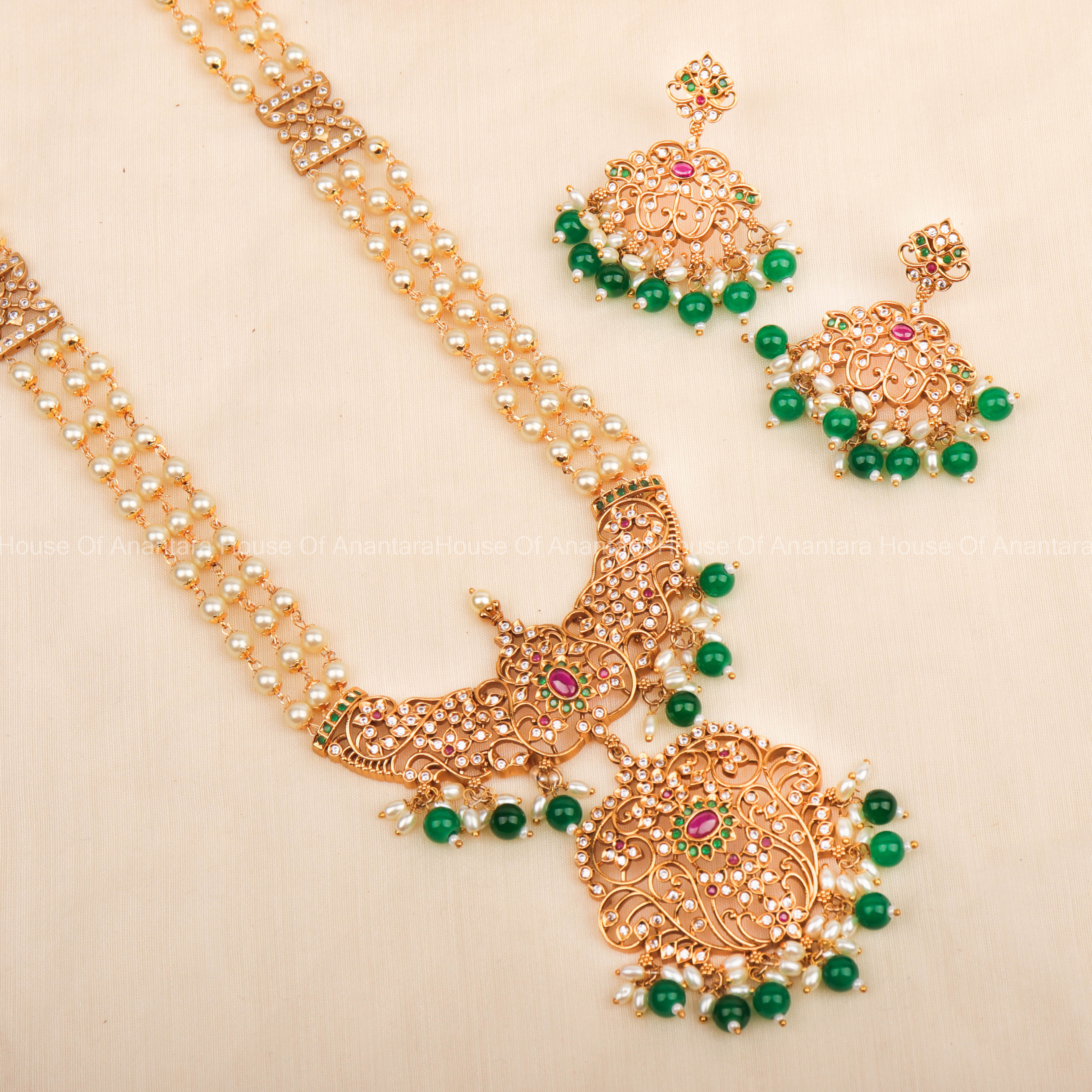 Real Natural Oval Emerald, Rice store Pearl and Gold Plated Beads Necklace and Earring Set for Women (SN681), Wedding Jewellery Set