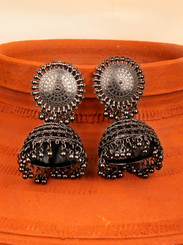 House of Anantara Silver Oxidised jhumka Earrings for Womens