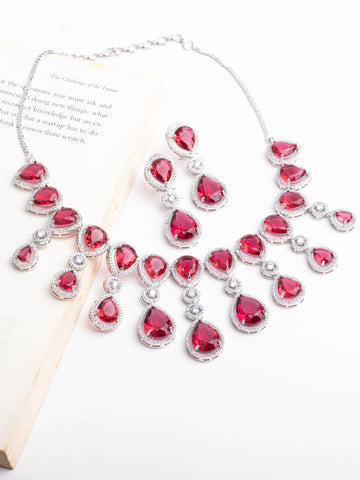 Rhodium Plated Luxurious Ruby Red Color Necklace Set With Earrings For Women