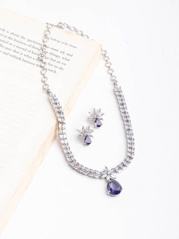 Rhodium Plated Elegant Purple Aqua Zircon Necklace Set With Earrings For Women