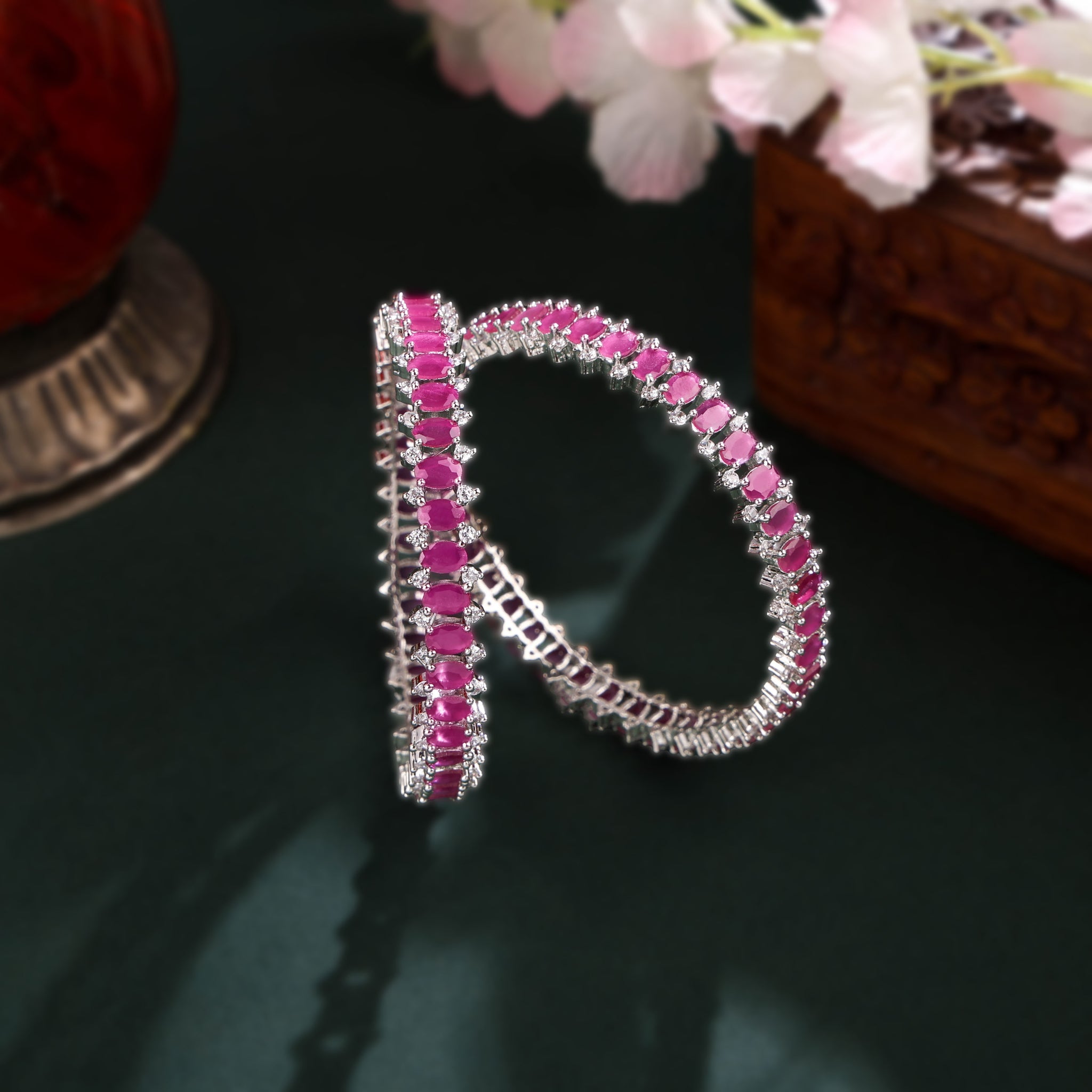 Pink Stones Cubic Zirconia Bangles Set 2pcs 2/6 size