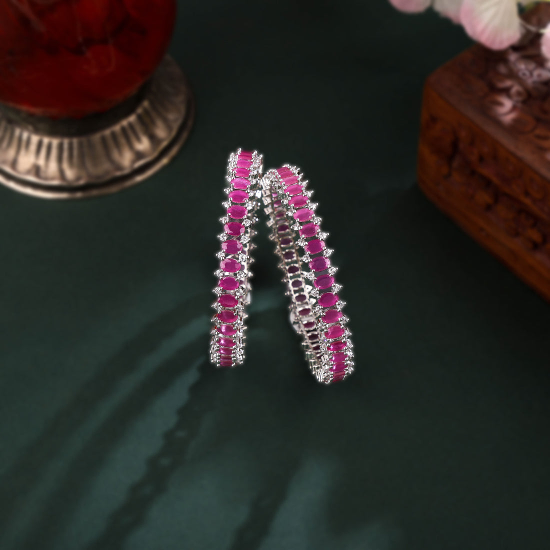 Pink Stones Cubic Zirconia Bangles Set 2pcs 2/6 size