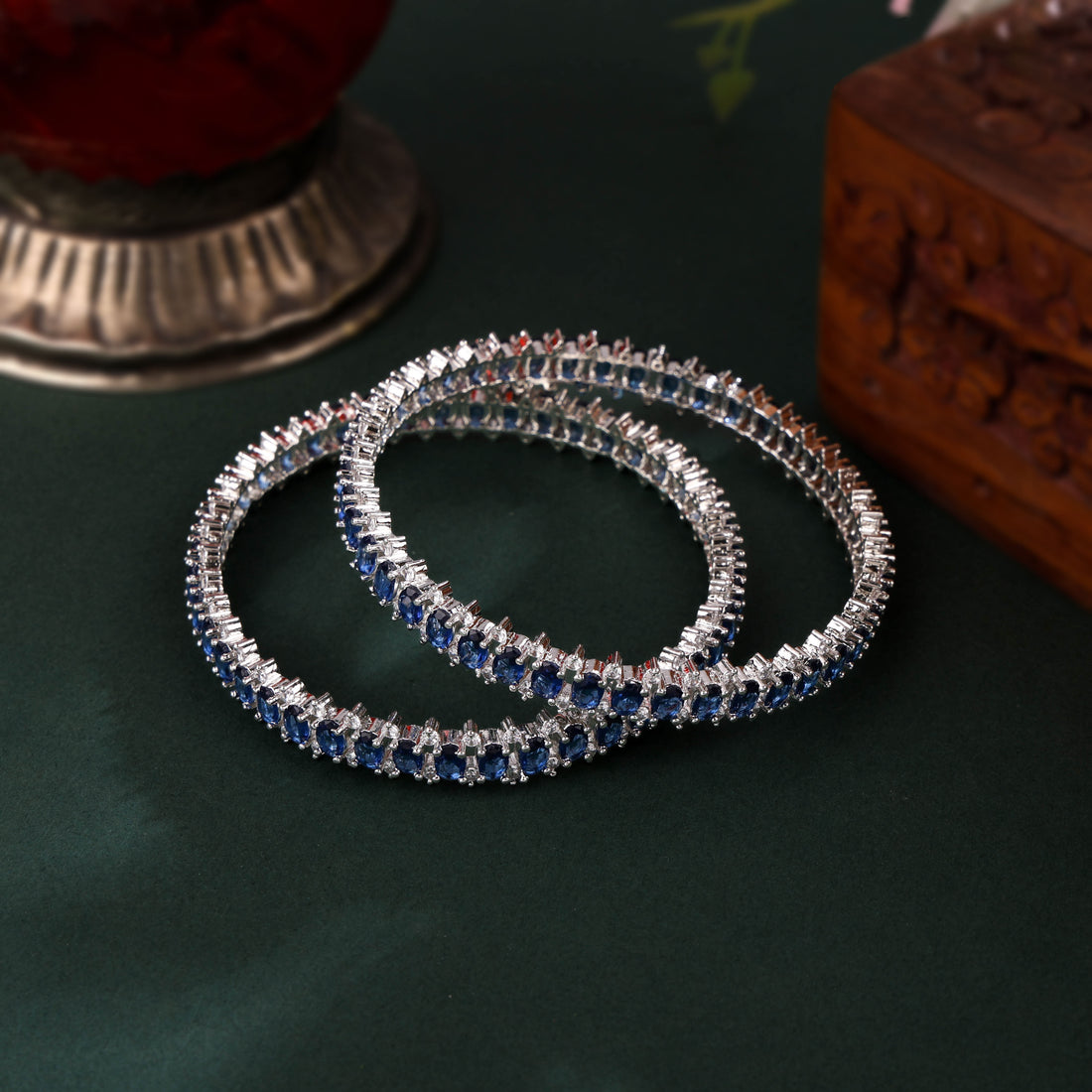 Blue Stones Cubic Zirconia Bangles Set 2pcs 2/6 size