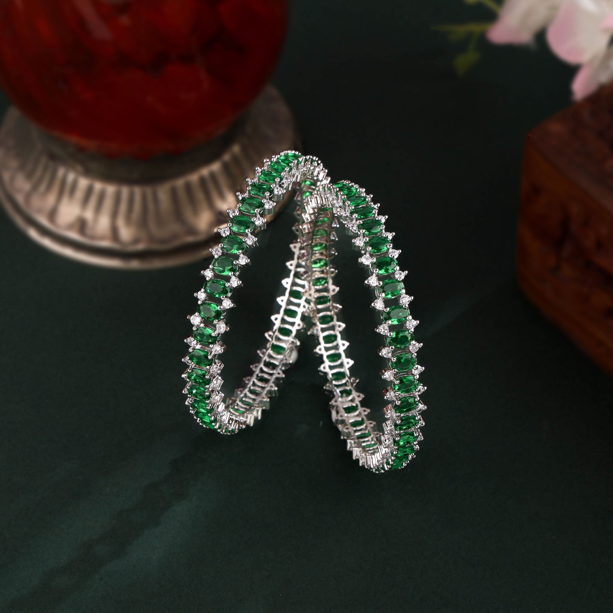 Green Stones Cubic Zirconia Bangles Set 2pcs 2/6 size