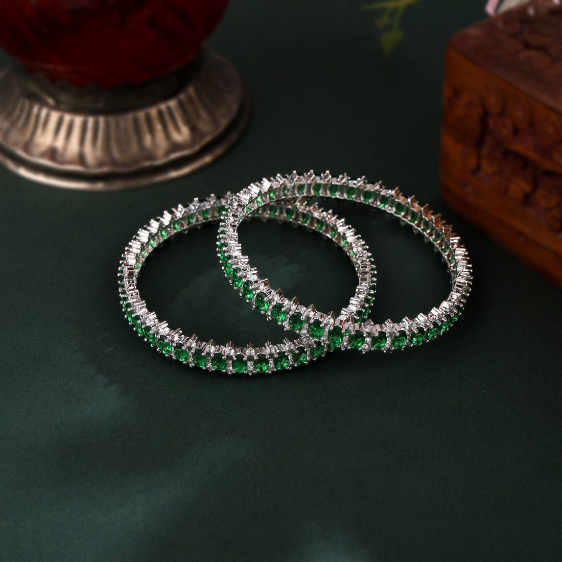 Green Stones Cubic Zirconia Bangles Set 2pcs 2/6 size