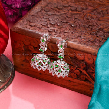 Rhodium Plated Stylish Jhumkas With Emerald and White colour CZ Stones for Women