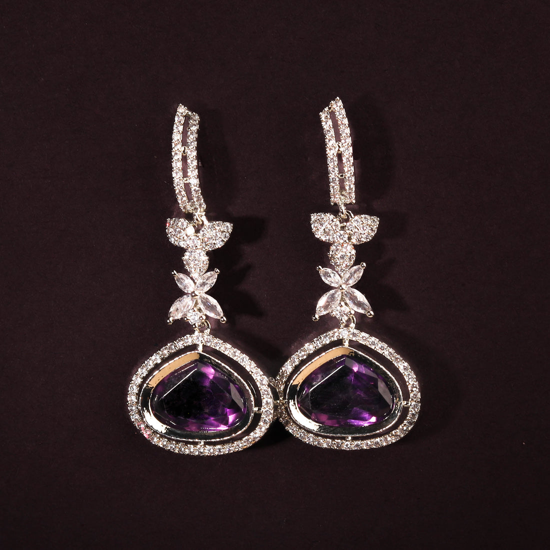 Breathtaking Rhodium Plated Violet and White CZ Studded Contemporary Earring