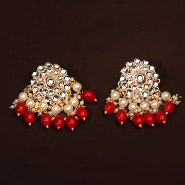 Adorable Kundan With Pearls and Red Beads Earrings For Women