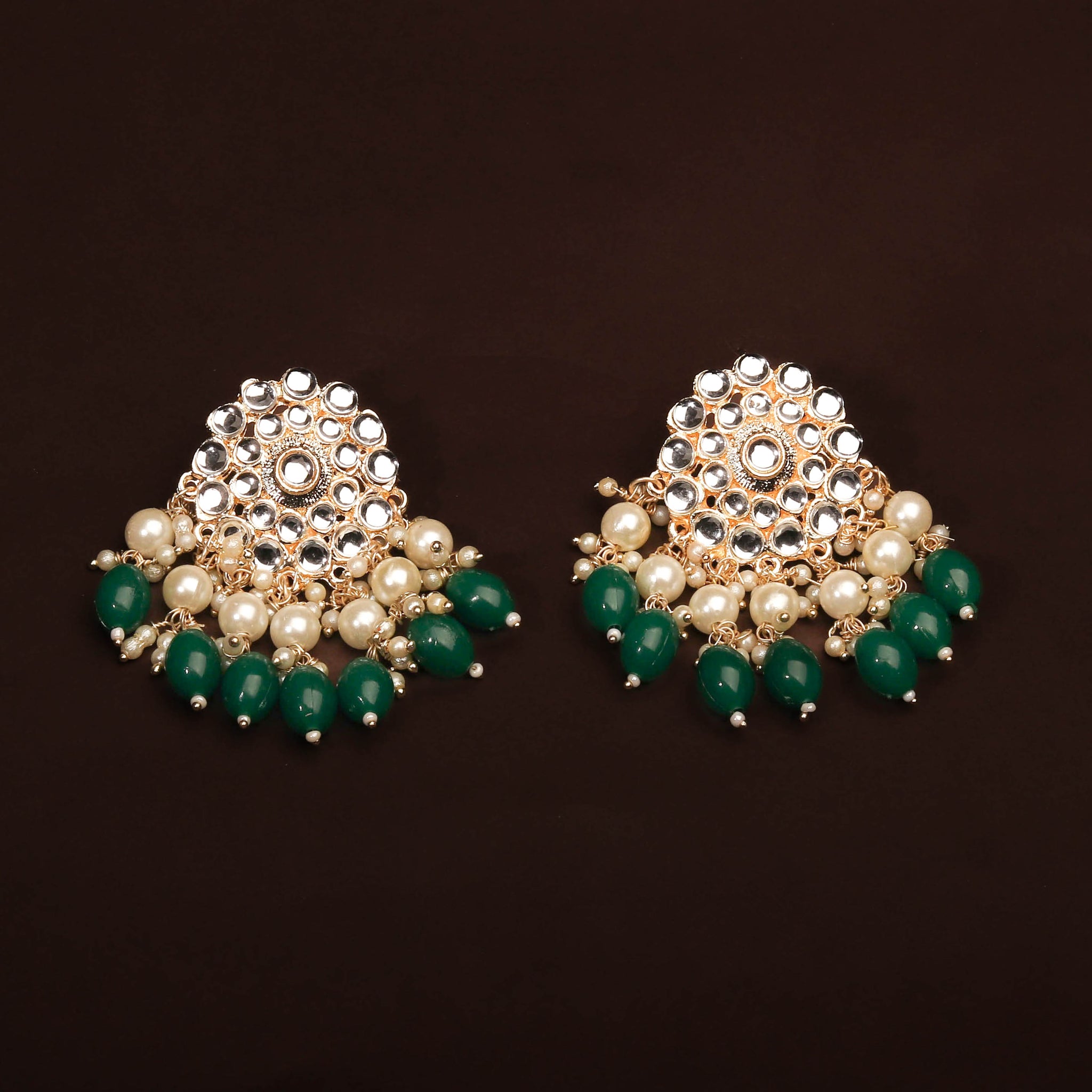 Elegant Kundan With Pearls and Green Beads Earrings For Women