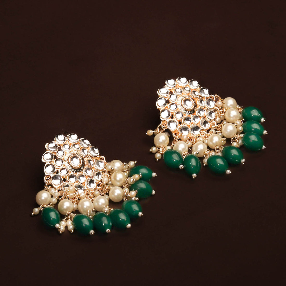 Elegant Kundan With Pearls and Green Beads Earrings For Women