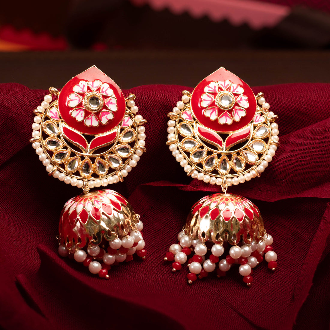 Elegant Gold Plated Red and White Colour Jumka Earring For Women