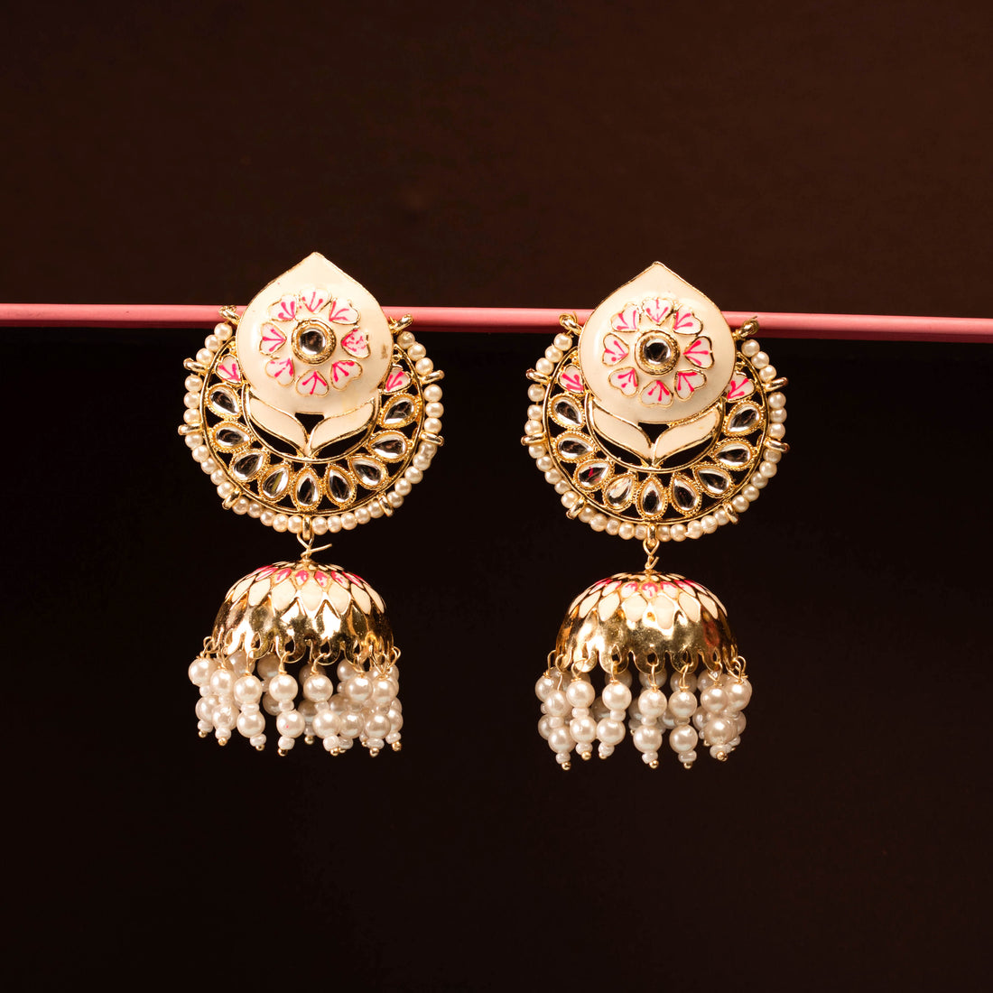 Heavenly Gold Plated With White and Pink Jhumka Earring For Women