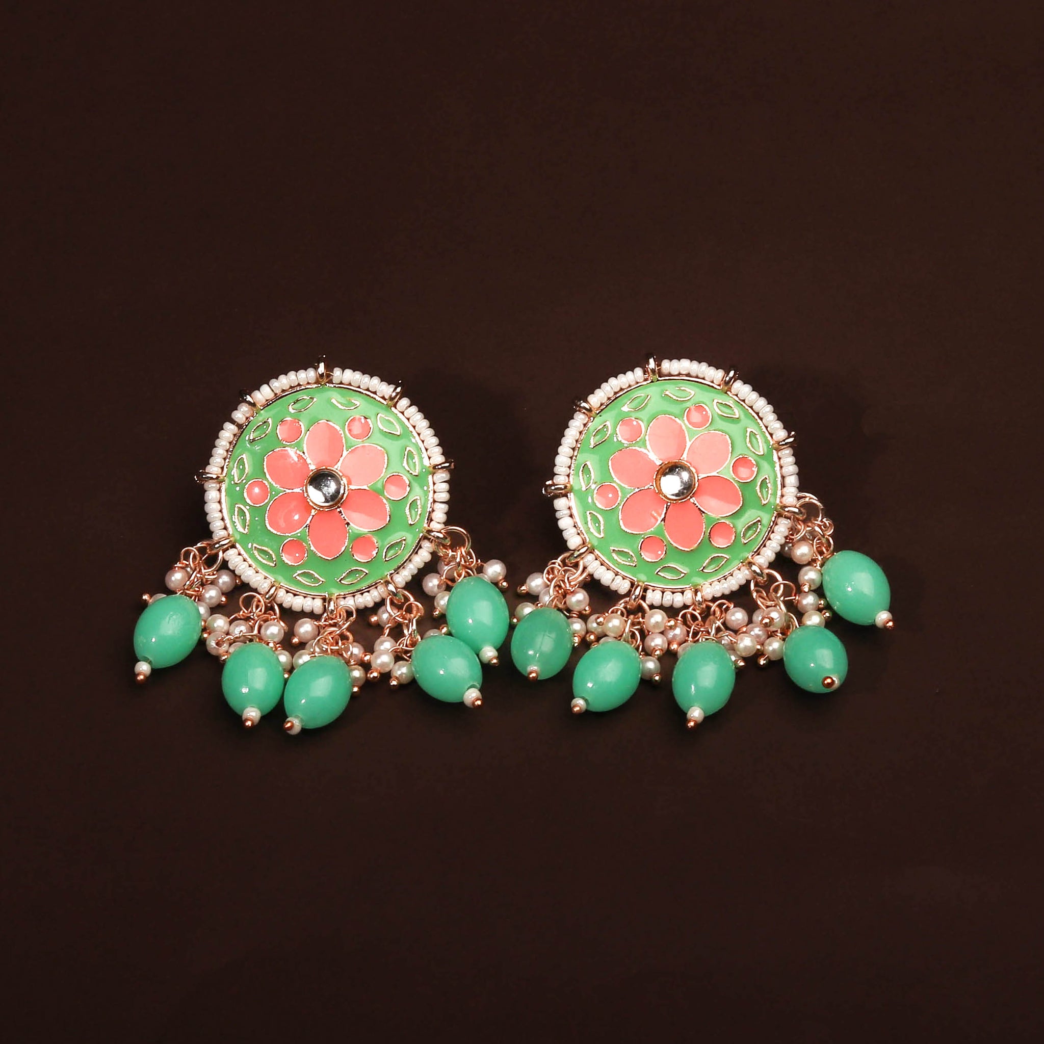 Poised Green and Pink Colour Studded Earring For Women