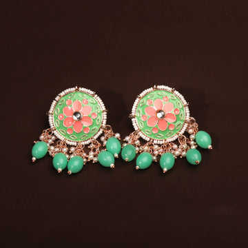 Poised Green and Pink Colour Studded Earring For Women