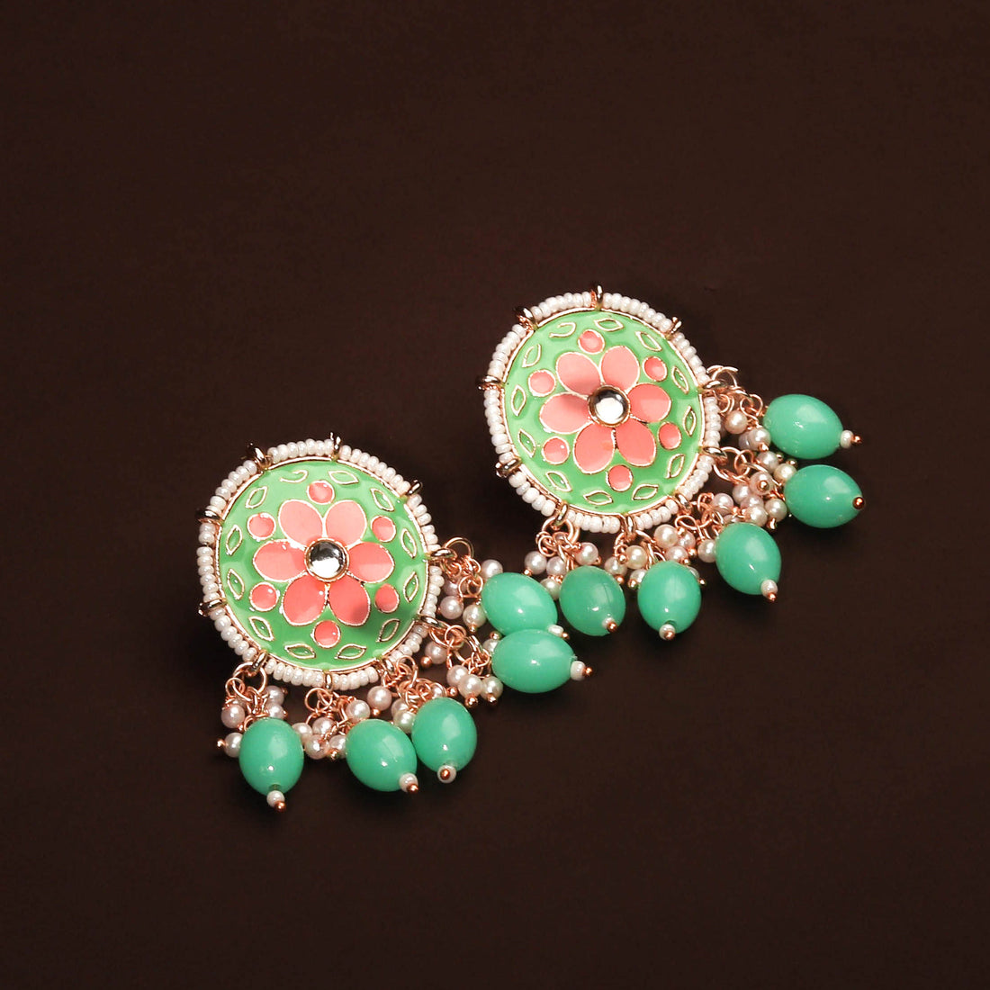 Poised Green and Pink Colour Studded Earring For Women