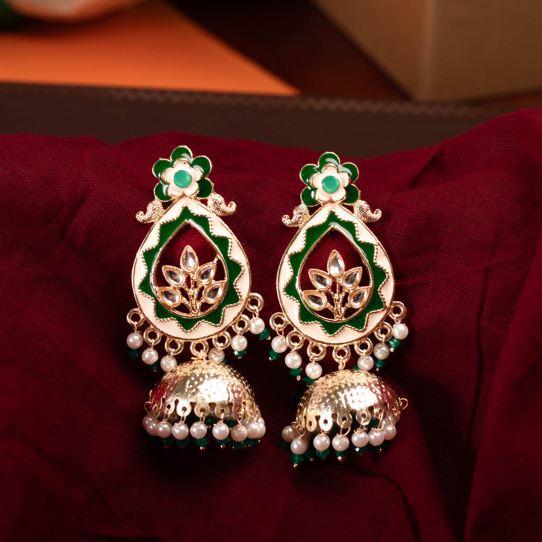 Elegantly Handcrafted Green and White Jhumka Earring For Women