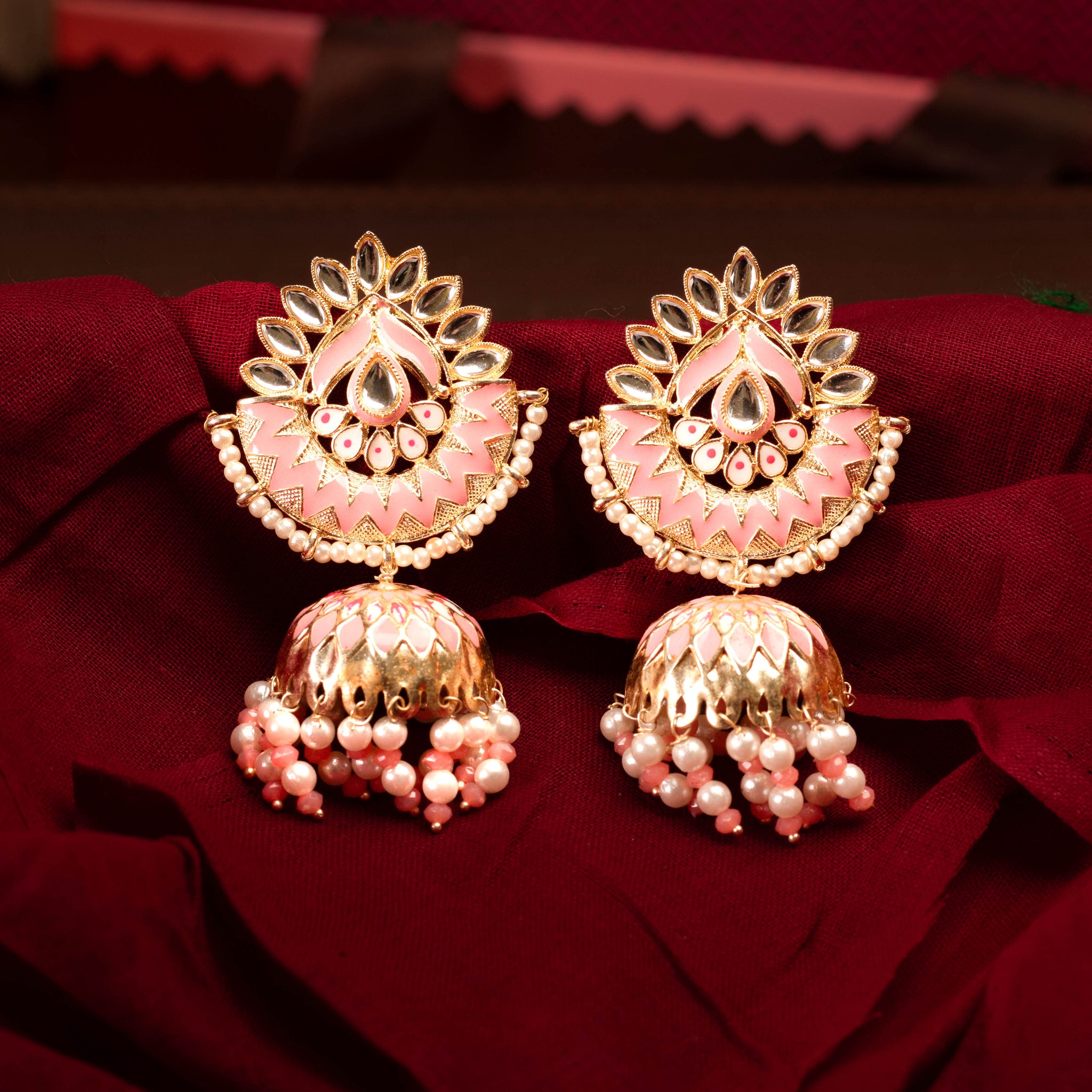 Majestic Blush Pink and White Kundan Jhumka Earring For Women