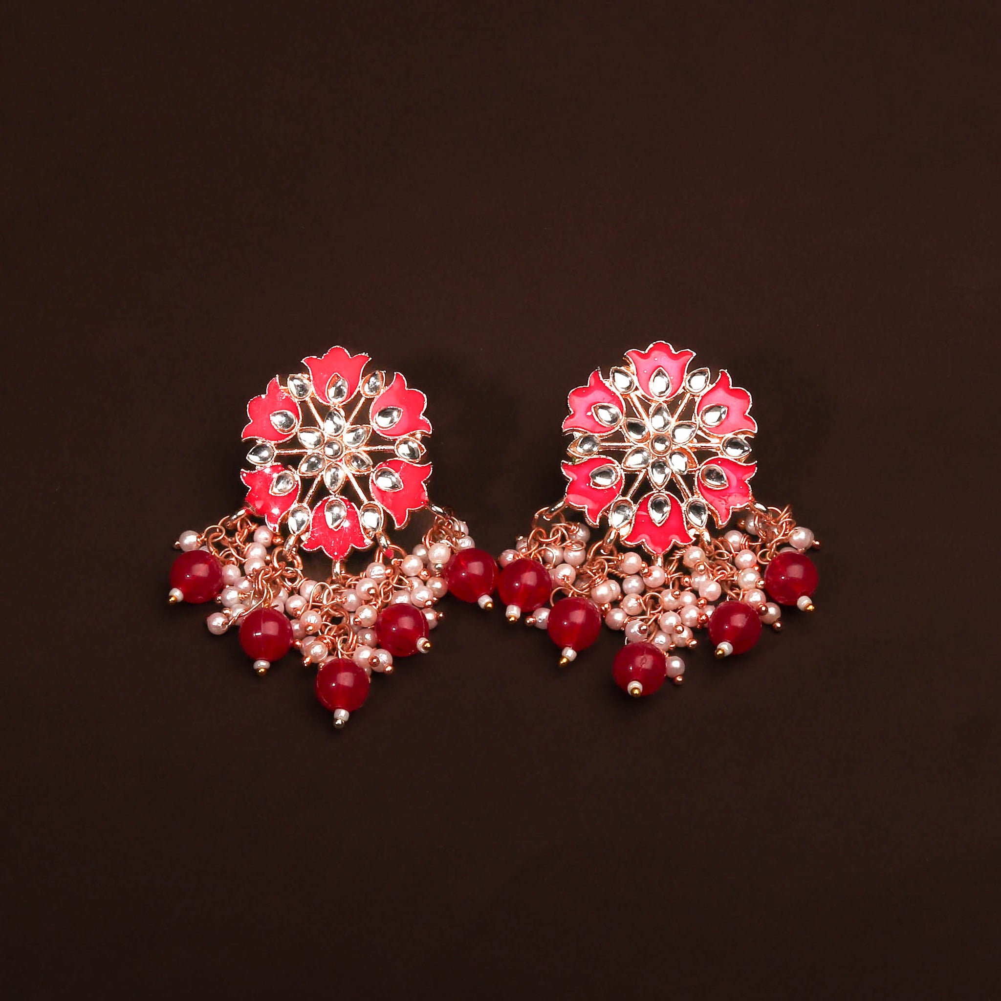 Gorgerous Pink Floral Earring With Hanging Pearls and Beads Earring For Women