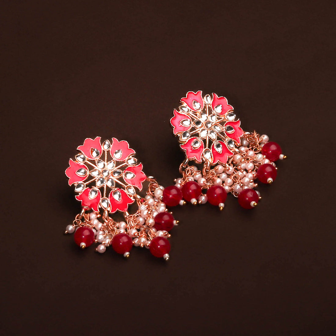 Gorgerous Pink Floral Earring With Hanging Pearls and Beads Earring For Women