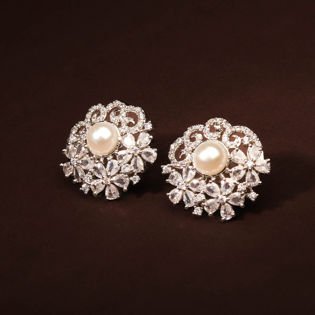 Luxurious Handcrafted White Floral CZ and Studded Pearl Earring For Women