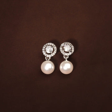 Dainty Rhodium Plated White CZ and Pearl Earring For Women