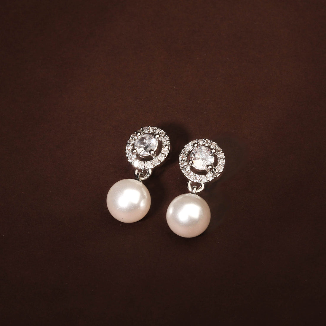 Dainty Rhodium Plated White CZ and Pearl Earring For Women