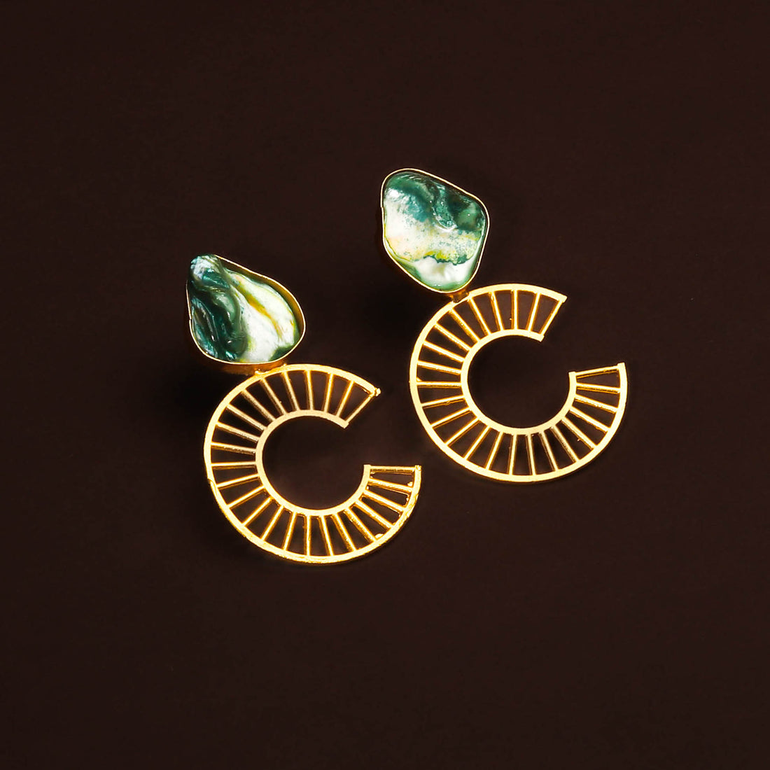 Golden Semi Circular Green Mother Of Pearl Earring For Women