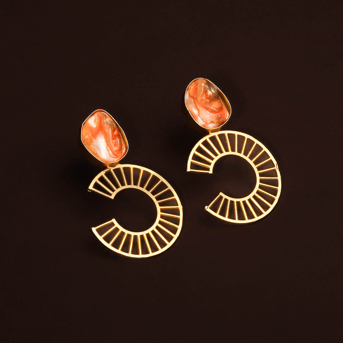 Golden Semi Circle Orange Mother Of Pearl Earring For Women