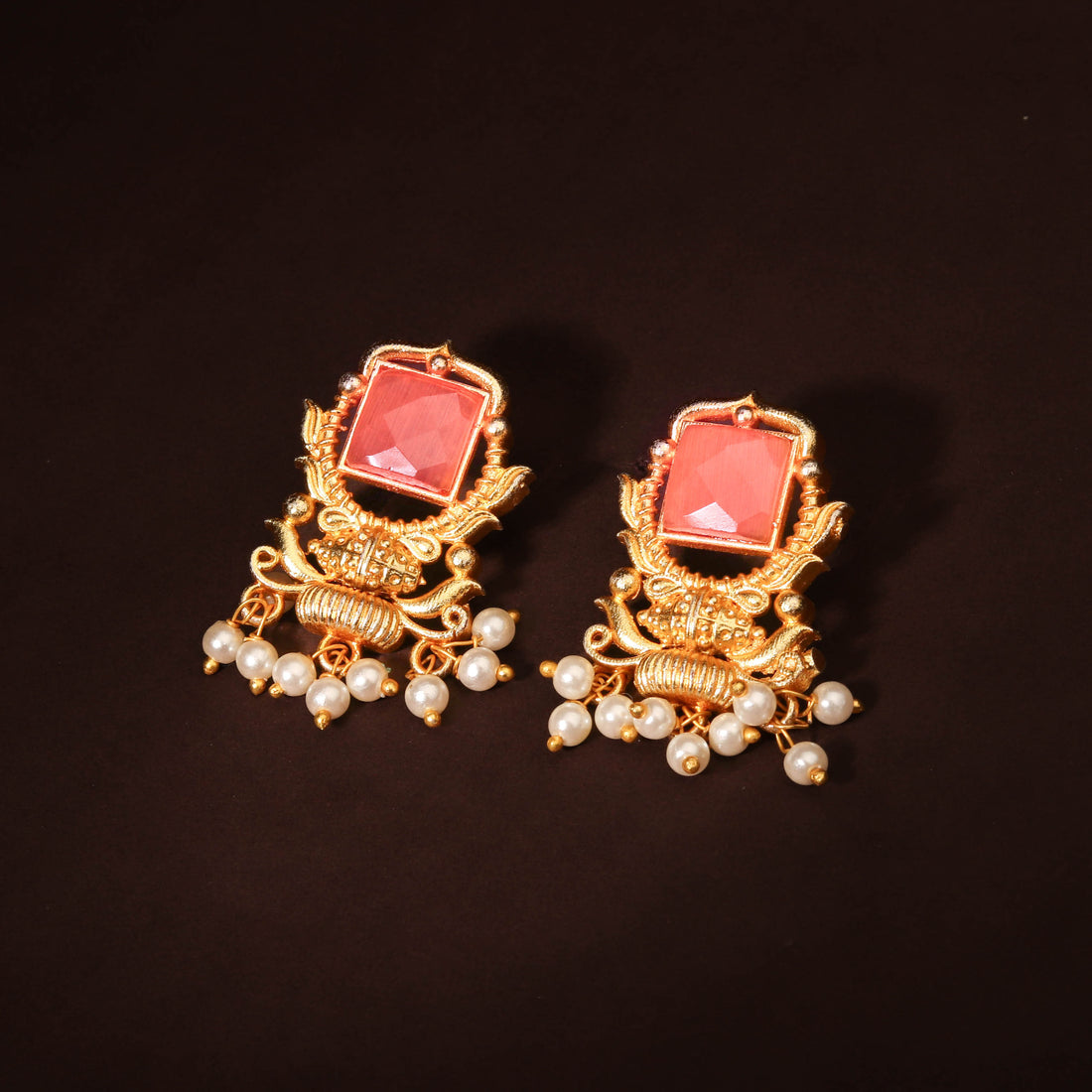 Gleaming Gold Plated Blush Pink Stone Earring For Women