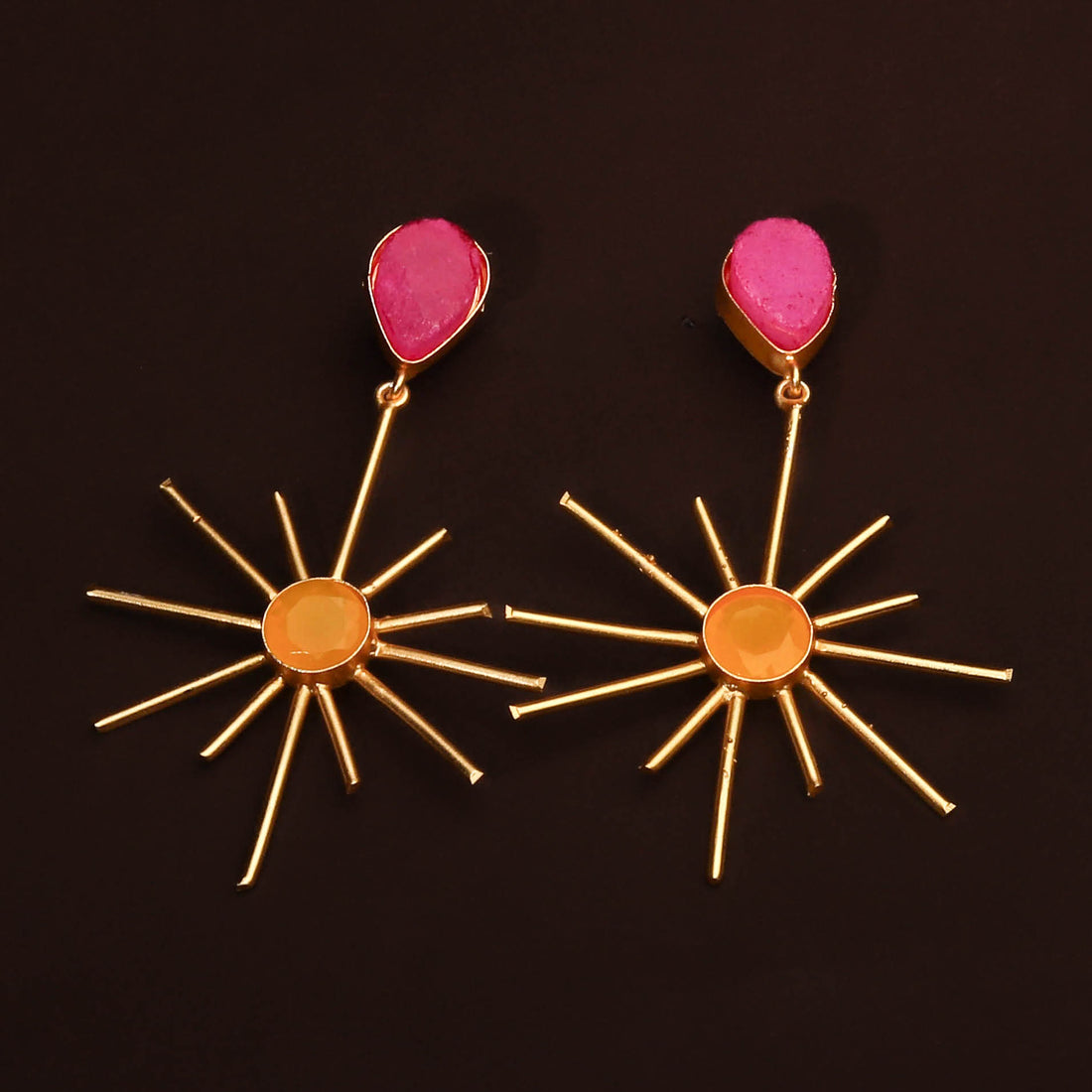 Gold Finished Sunny Yellow Stone and Pink Druzy Earring For Women