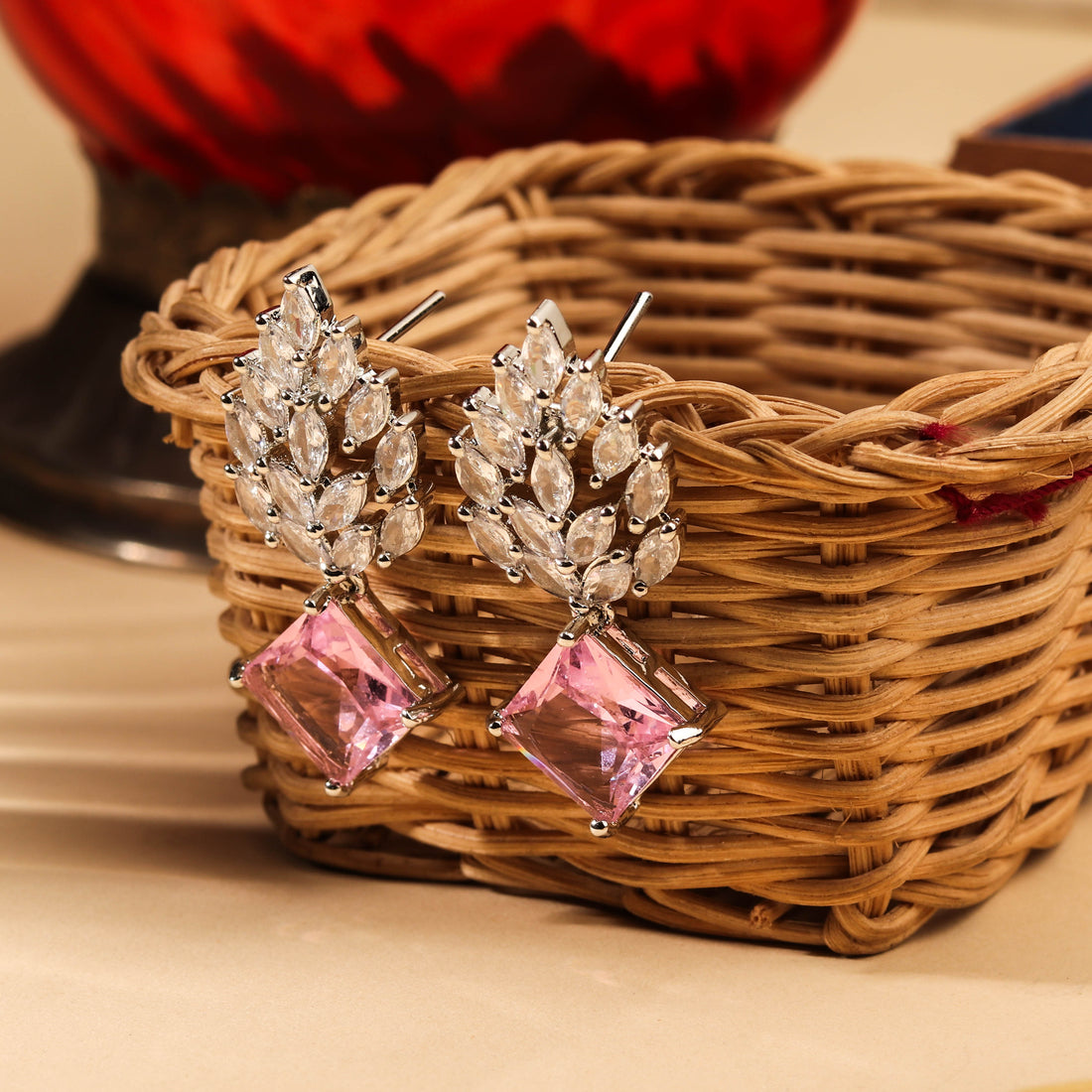 Precious Rhodium Plated Blush Pink Drop Earring For Women