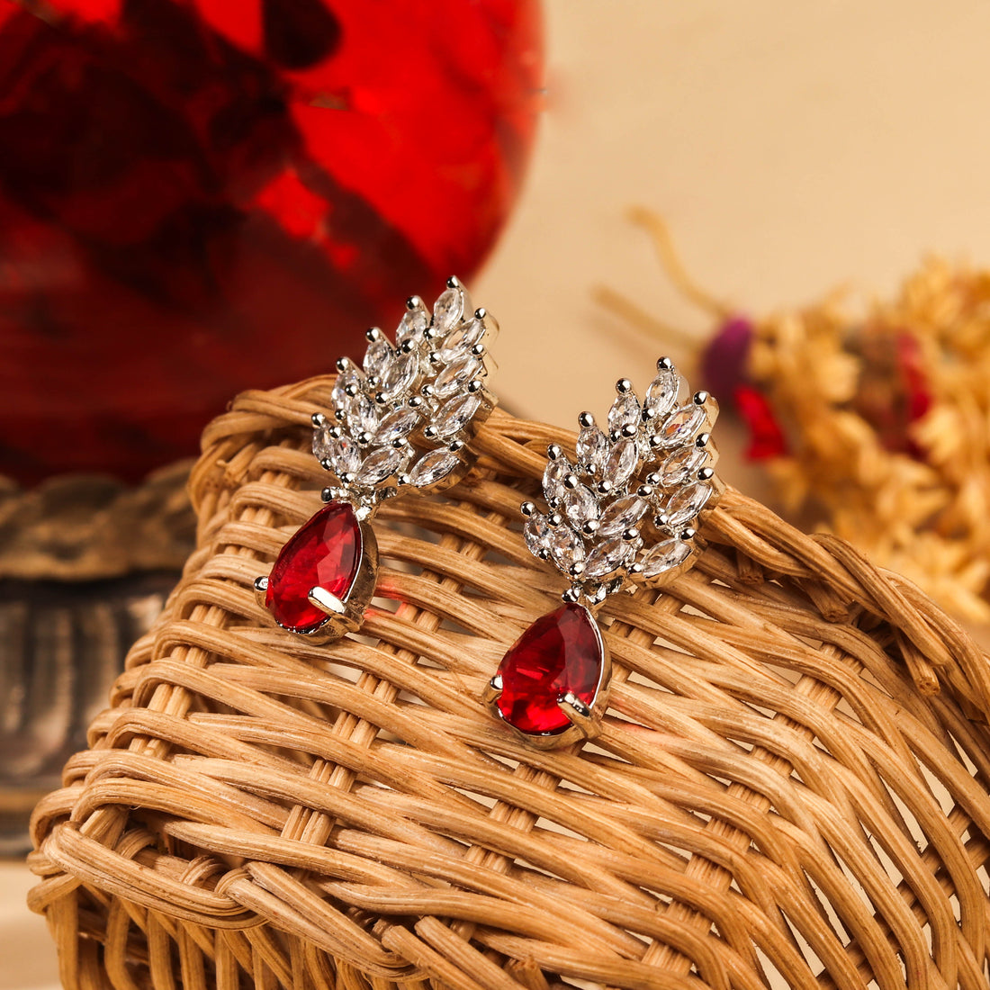 Sparkling Rhodium Plated Red and White CZ Teardrop Earring For Women