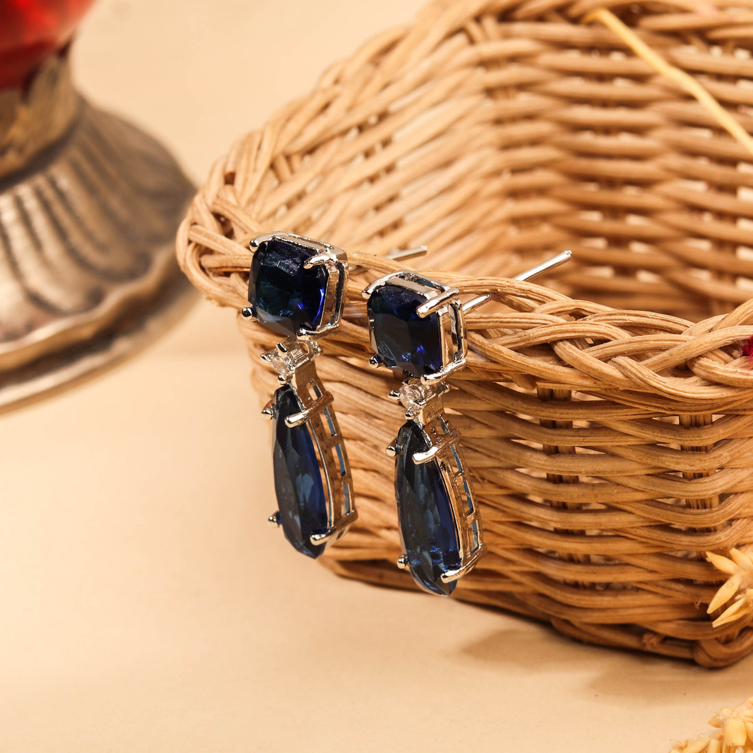 Magnificent Rhodium Plated Sapphire Blue Studded CZ Drop Earrings For Women