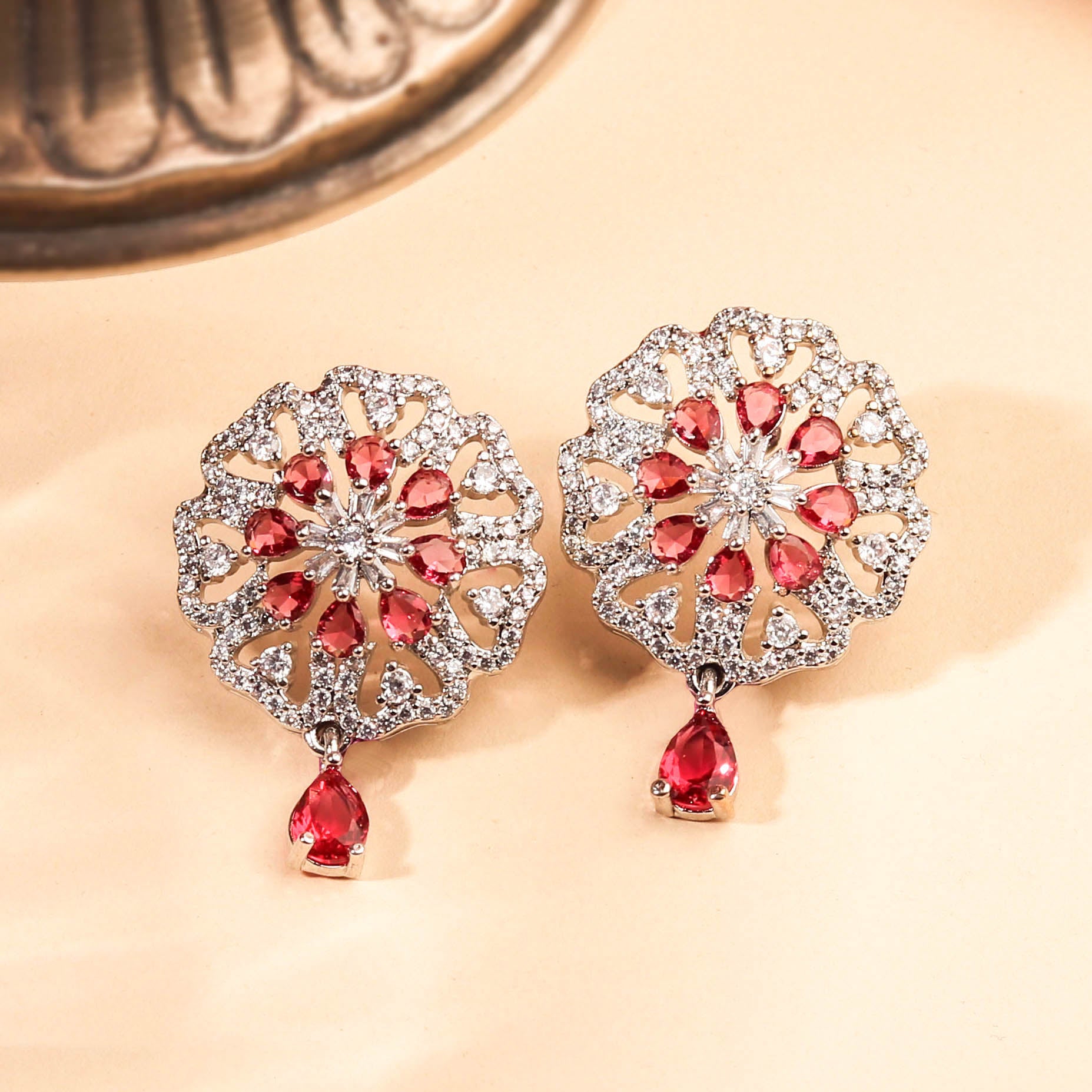 Contemporary Rhodium Plated Floral White and Ruby Red Zircon Stone Earring