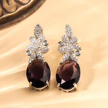 Sparkling Rhodium Plated Violet Zircon Studded Earring For Women