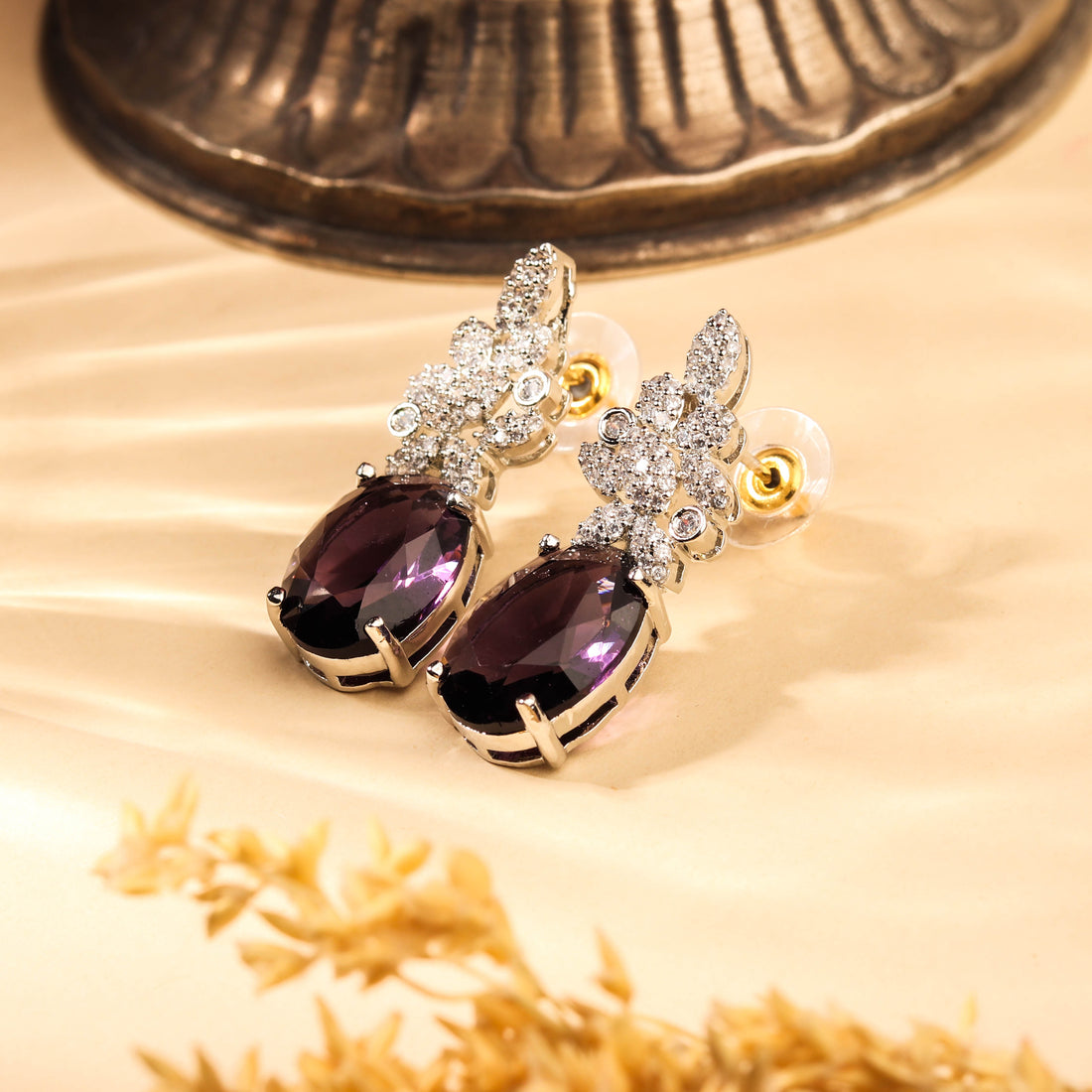 Sparkling Rhodium Plated Violet Zircon Studded Earring For Women