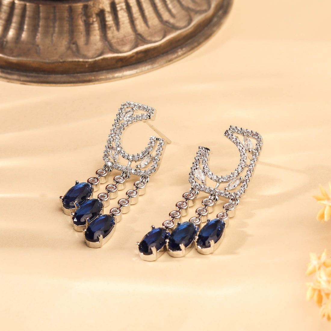 Radiant Rhodium Plated Sapphire Blue and White Zircon Earring For Women