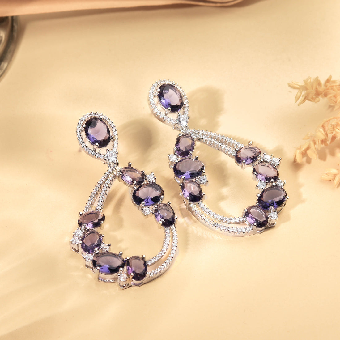 Imperial Rhodium Plated Lavender and White Zircon Earring For Women