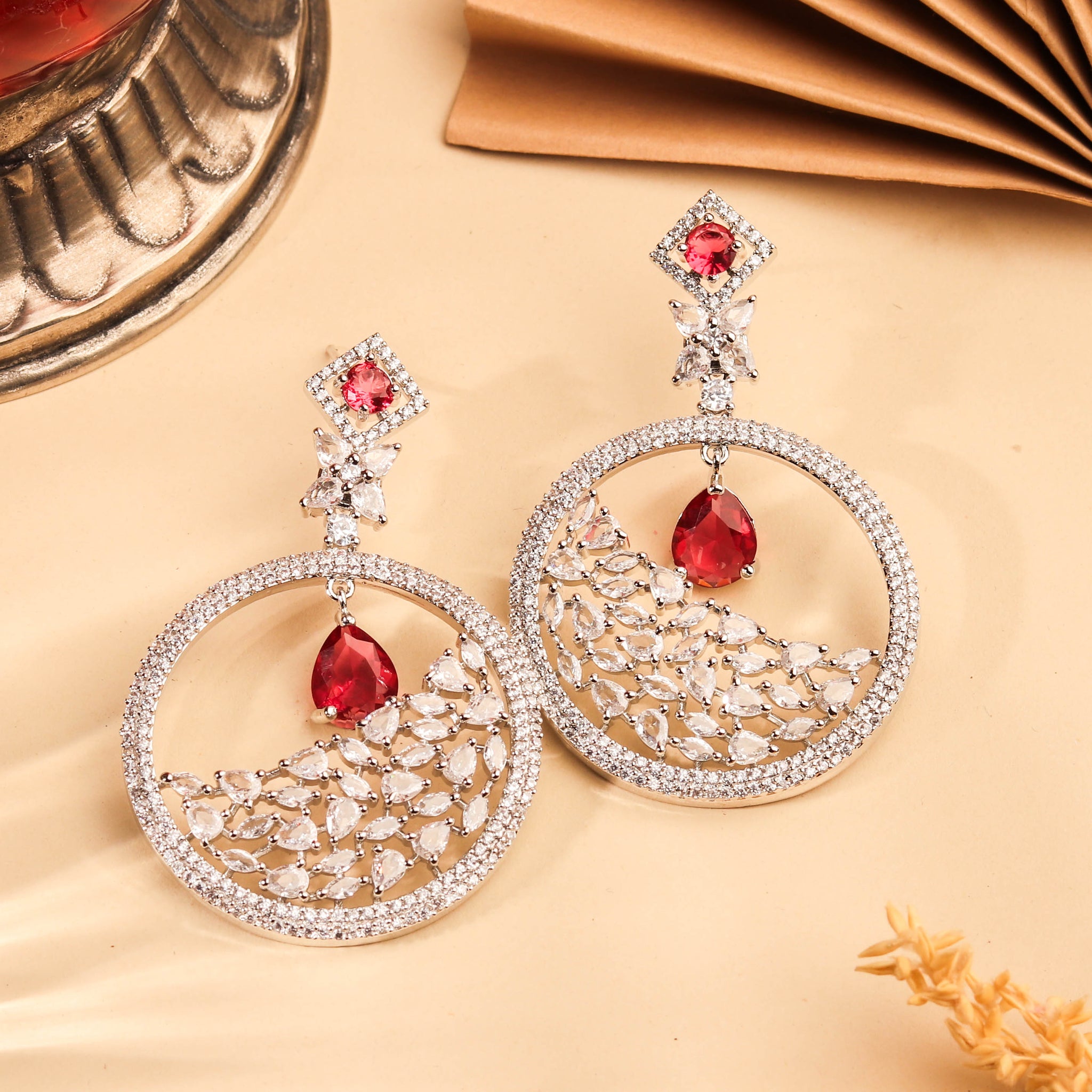 Radiant Rhodium Plated Scarlet Red and White Dangler Earring For Women