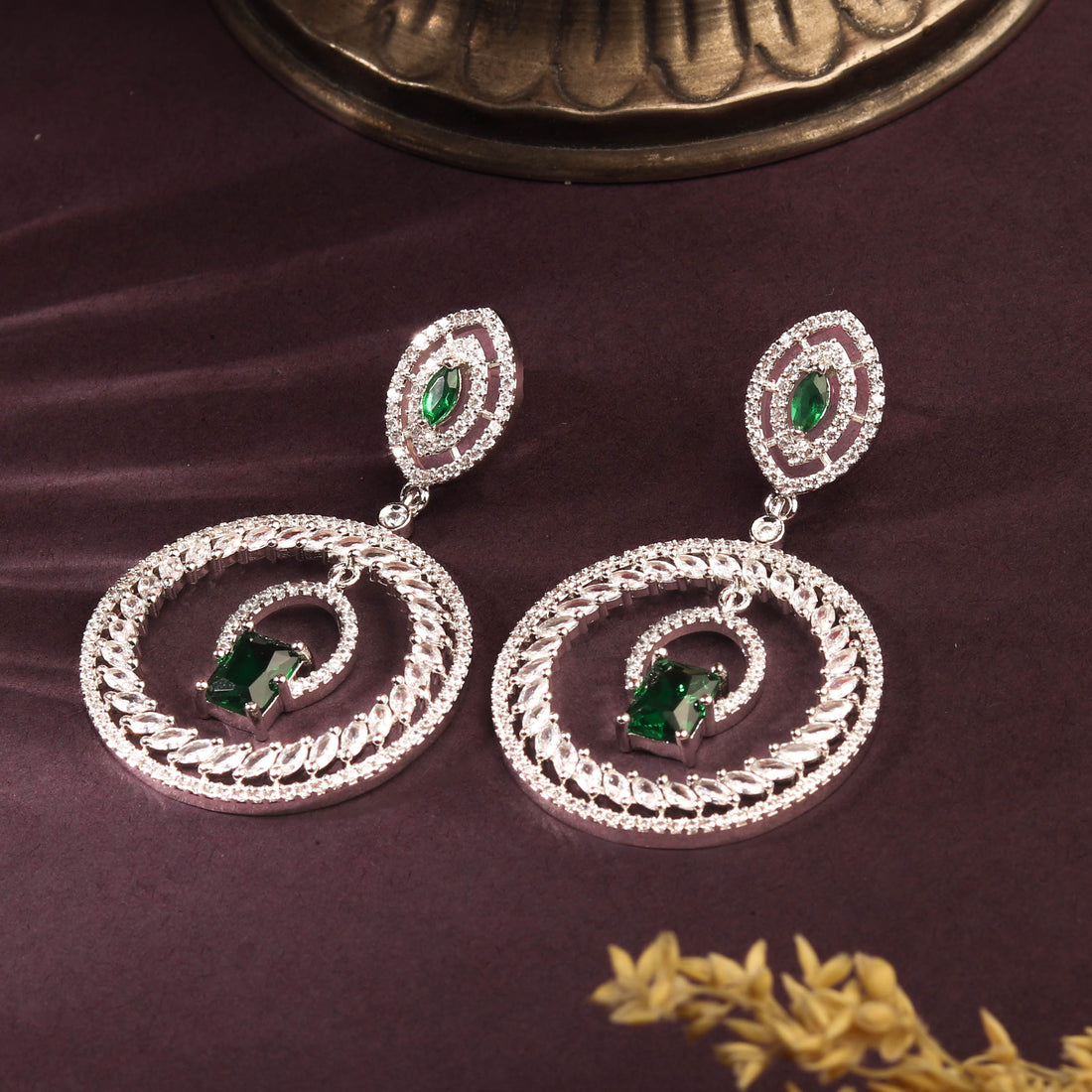 Radiant Rhodium Plated Emerald Green and White Danglers For Women