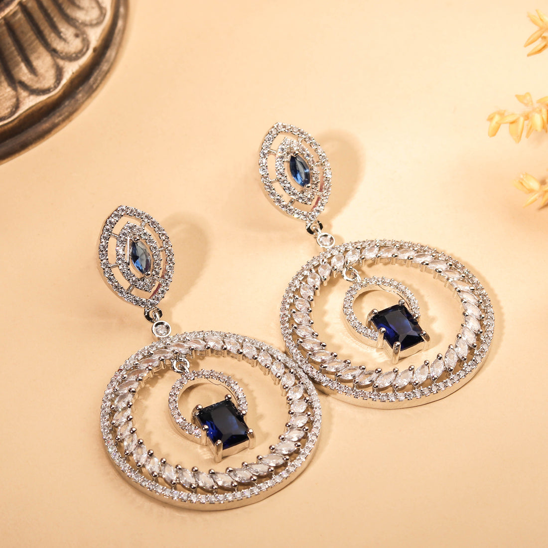 Mystic Rhodium Plated Sapphire Blue and White Danglers For Women