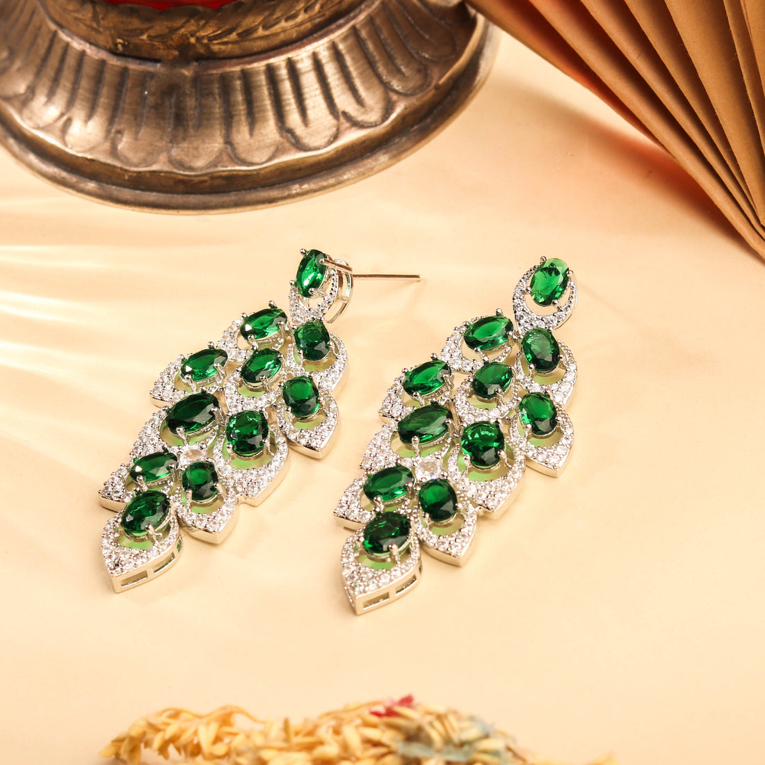 Radiant Rhodium Plated Waterfall Emerald Green Contemporary Earrings For Women