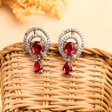 Stunning Rhodium Plated Ruby Red Earrings For Women