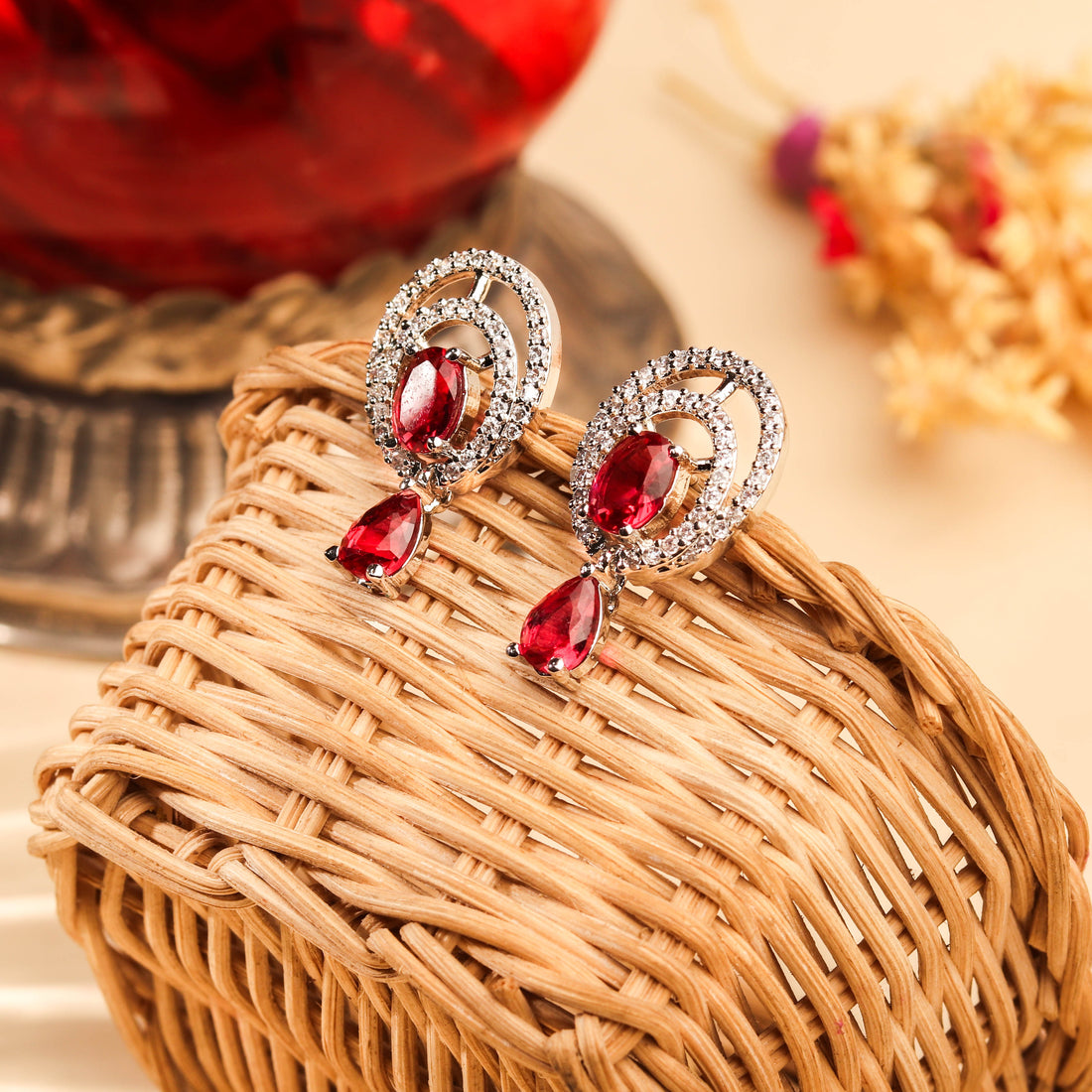 Stunning Rhodium Plated Ruby Red Earrings For Women