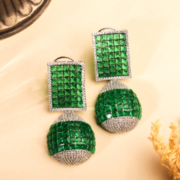 Elegant Rhodium Plated Emerald Green Dangler Earring For Women