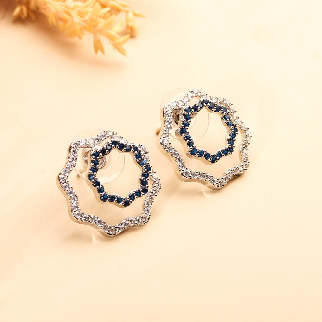 Modern Rhodium Plated Blue and White Studded Earrings For Women