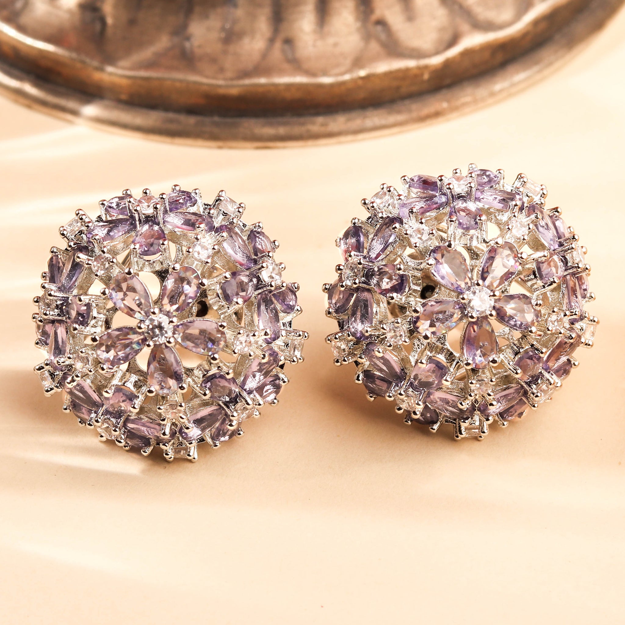 Classic Rhodium Plated Lavender Circular Stud Earrings for Women