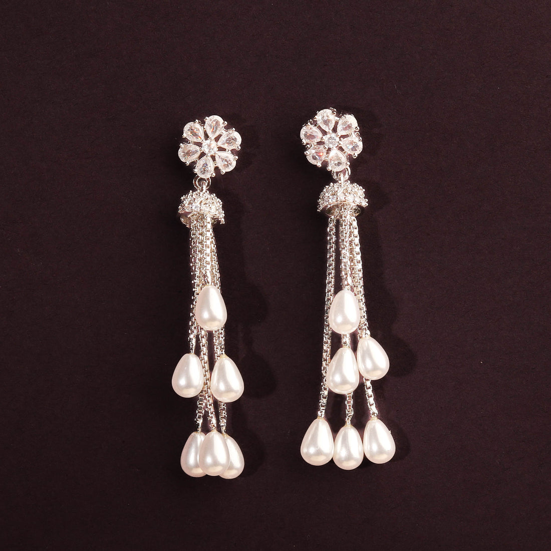 Classic Rhodium Plated Tassel Pearl Earring for Women