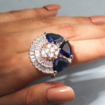Luxurious Blue Stone Cocktail Finger Ring for Women - Free Size